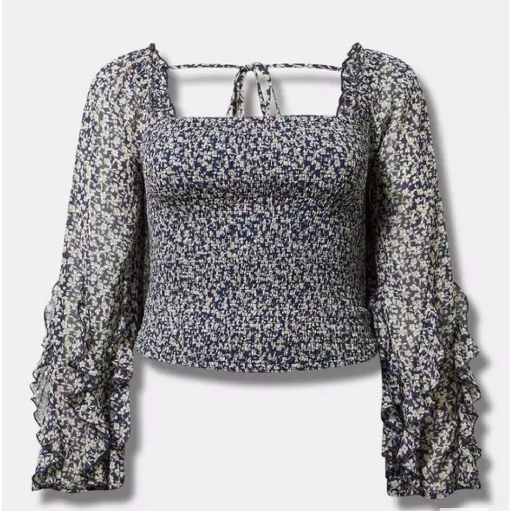 Smocked Square-Neck Floral Top with Ruffled Chiffon Sleeves - Navy/White